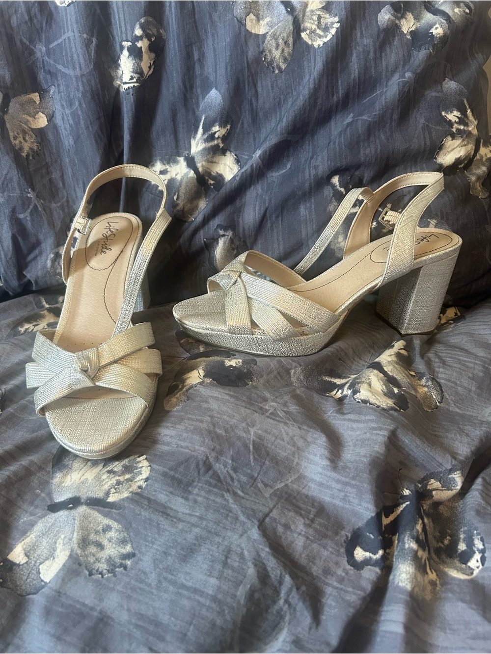 Life Stride Metallic Champagne Block Heel Sandals